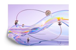 Fototapeta Abstract 3D Render. Glass Ribbon On Water With Geometric Circle And Spheres. Holographic Shape In Motion. Iridescent 