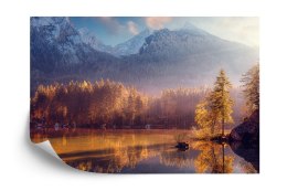 Fototapeta Awesome Nature Scenery. Beautiful Landscape With High Mountains With Illuminated Peaks, Stones In Mountain Lake, Refl