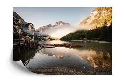 Fototapeta Boats On The Braies Lake, Pragser Wildsee In Dolomites Mountains, Sudtirol, Italy Dolomite.