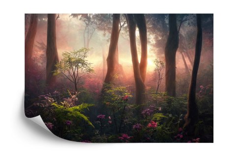 Fototapeta Colorful Sunset Forest Scenery With Beautiful Trees And Plants, Natural Green Environment With Amazing Nature