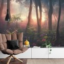 Fototapeta Colorful Sunset Forest Scenery With Beautiful Trees And Plants, Natural Green Environment With Amazing Nature