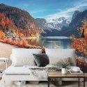 Fototapeta Beautiful Landscape Mountain Forest Lake. Amazing Autumn View Of Grundlsee Alpine Lake. Great Autumn Background For D