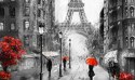 Obraz Wieloczęściowy Ludzie Z Czerwonymi Parasolami Na Ulicy Paryża